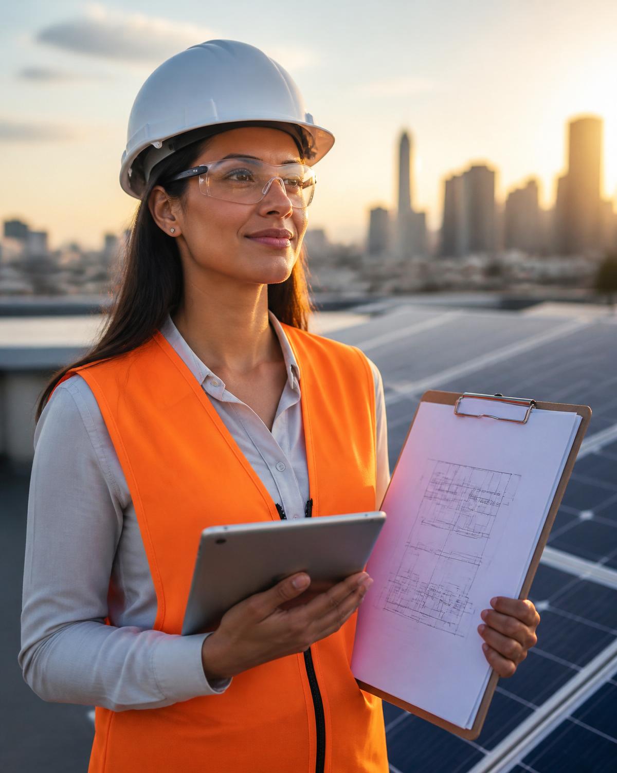 Engenheira Genius revisando projeto elétrico e documentação de homologação em campo